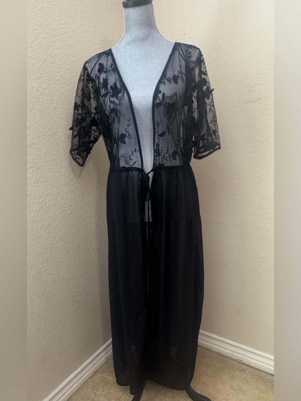Sheer Black Floral Lace Swim Coverup with Tie Waist